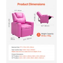 VEVOR Sillón Reclinable Infantil con Portavasos Respaldo Ajustable 101° a 121° Sofá Reclinable de Piel Sintética Fácil de Limpiar Carga de 40 kg para Sala de Estudio, Guardería, Sala de Juegos, Rosa