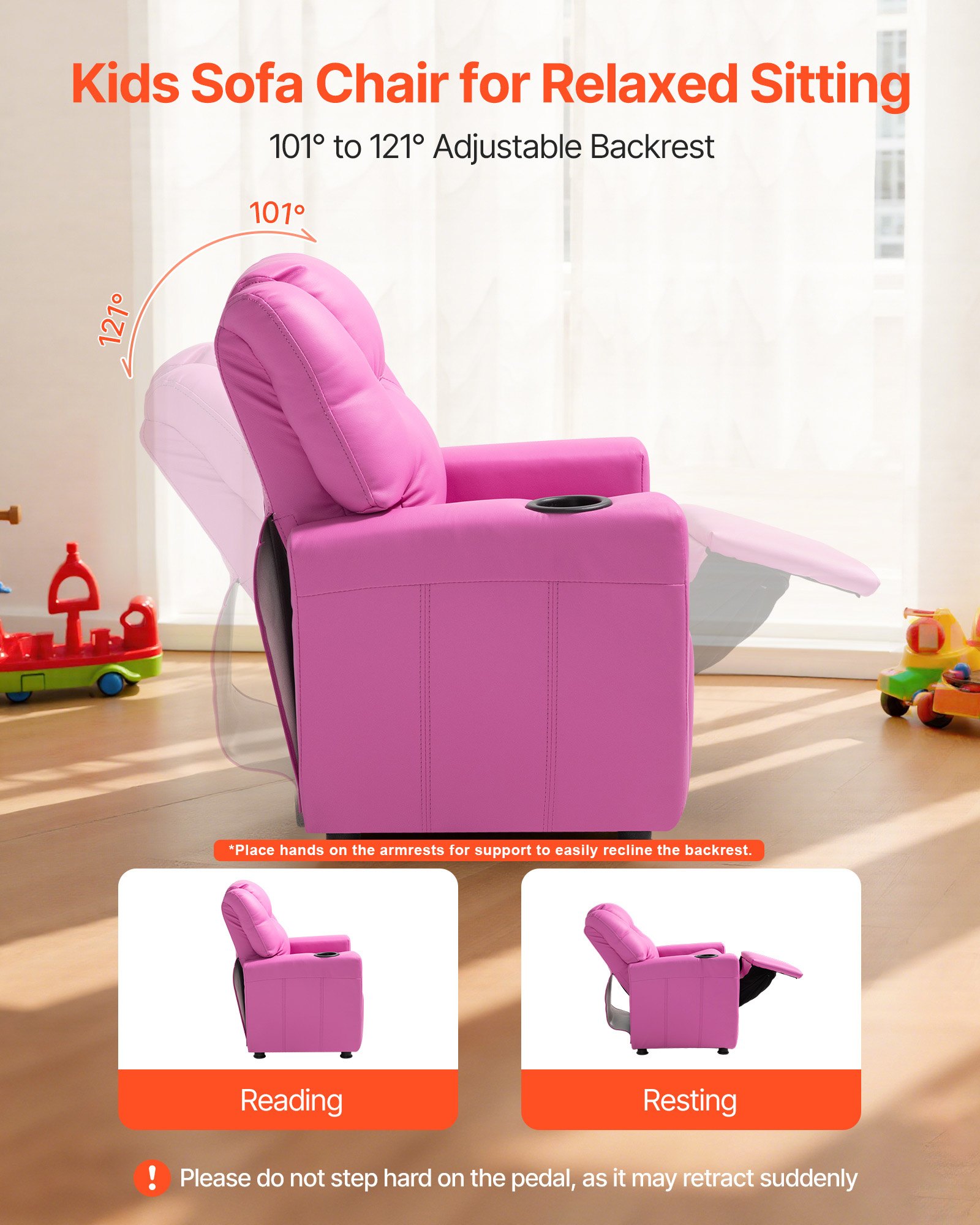 VEVOR Kids Reclining Chair, Toddler Recliner with Cup Holder, 101° to 121° Adjustable Backrest, Easy-to-Clean PU Leather Recliner Couch with Footrest, 41 kg Load, for Boys & Girls, Children (Pink)
