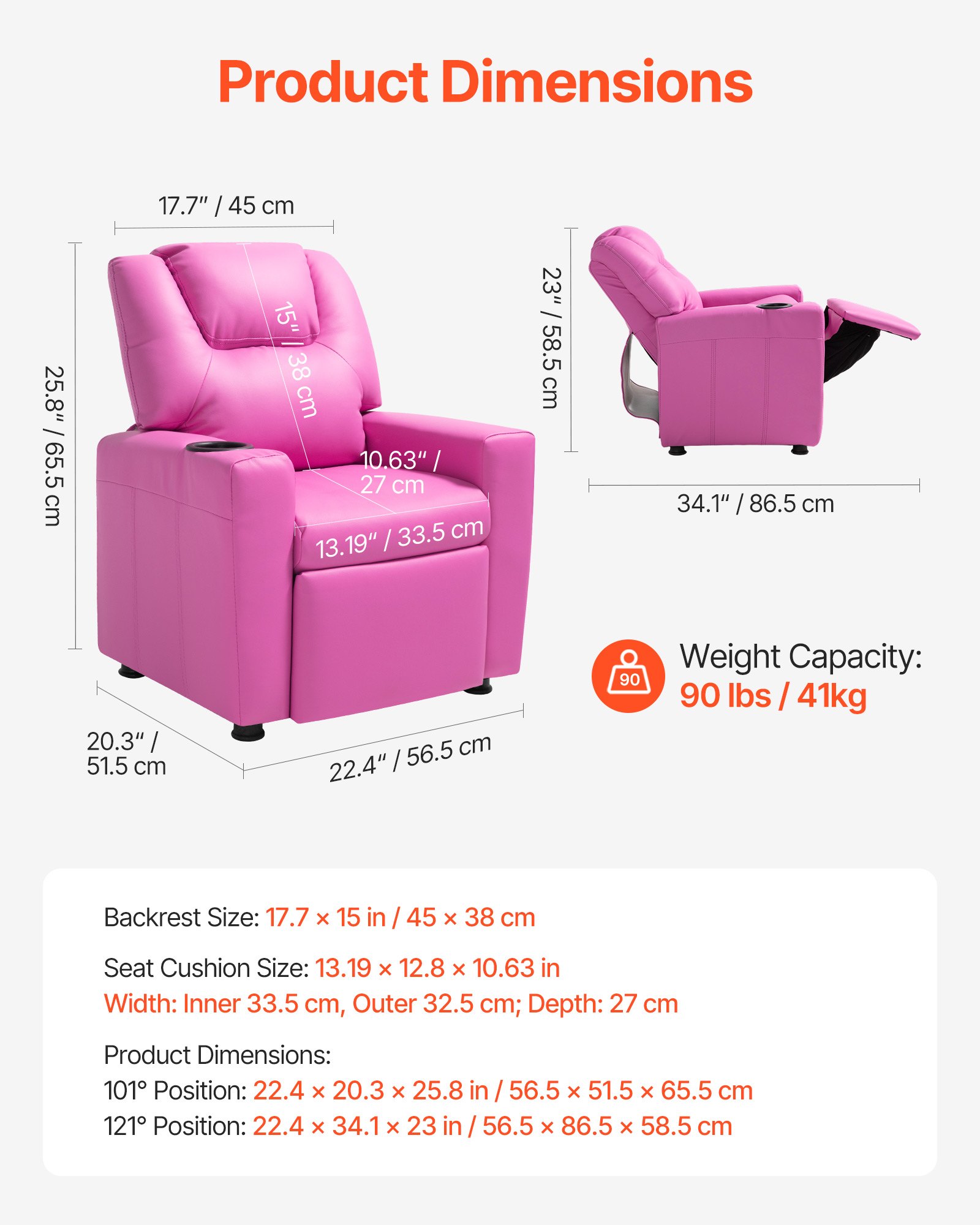 VEVOR Kids Reclining Chair, Toddler Recliner with Cup Holder, 101° to 121° Adjustable Backrest, Easy-to-Clean PU Leather Recliner Couch with Footrest, 41 kg Load, for Boys & Girls, Children (Pink)
