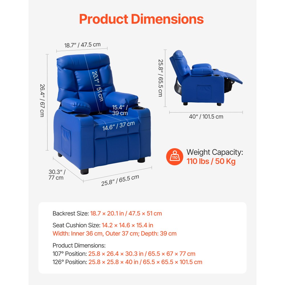 VEVOR Sillón Reclinable Infantil con Portavasos y Bolsillos Respaldo Ajustable 107° a 126° Sofá Reclinable de Piel Sintética Fácil de Limpiar para Sala de Estudio, Guardería, Sala de Juegos, Azul