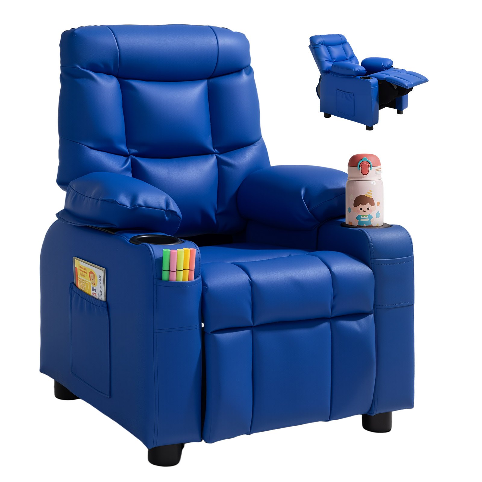 VEVOR Sillón Reclinable Infantil con Portavasos y Bolsillos Respaldo Ajustable 107° a 126° Sofá Reclinable de Piel Sintética Fácil de Limpiar para Sala de Estudio, Guardería, Sala de Juegos, Azul