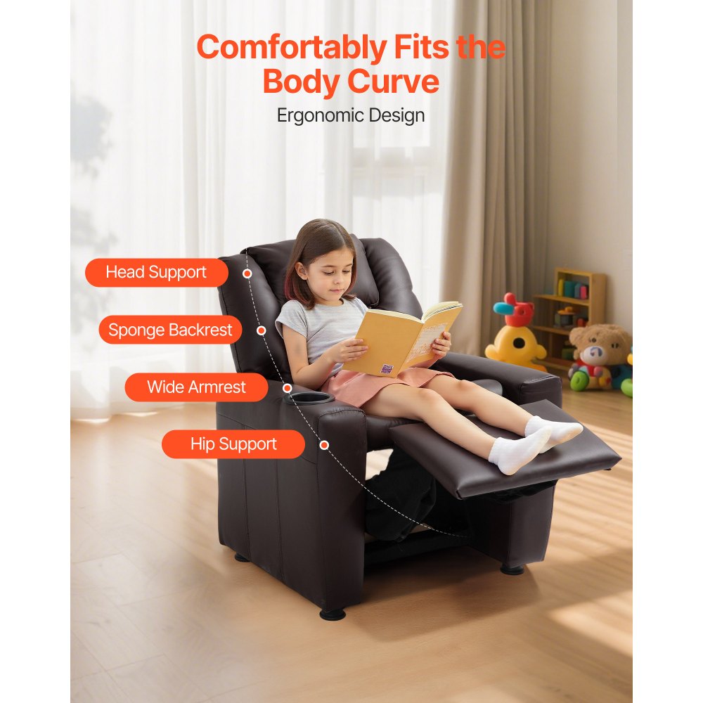 VEVOR Kids Reclining Chair, Toddler Recliner with Cup Holder, 101° to 121° Adjustable Backrest, Easy-to-Clean PU Leather Recliner Couch with Footrest, 41 kg Load, for Boys & Girls, Children (Brown)