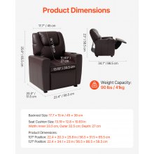 VEVOR Sillón Reclinable Infantil con Portavasos Respaldo Ajustable 101°-121° Sofá Reclinable de Piel Sintética Fácil de Limpiar Carga de 40 kg para Sala de Estudio, Guardería, Sala de Juegos, Marrón
