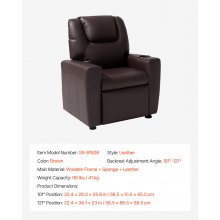 VEVOR Sillón Reclinable Infantil con Portavasos Respaldo Ajustable 101°-121° Sofá Reclinable de Piel Sintética Fácil de Limpiar Carga de 40 kg para Sala de Estudio, Guardería, Sala de Juegos, Marrón