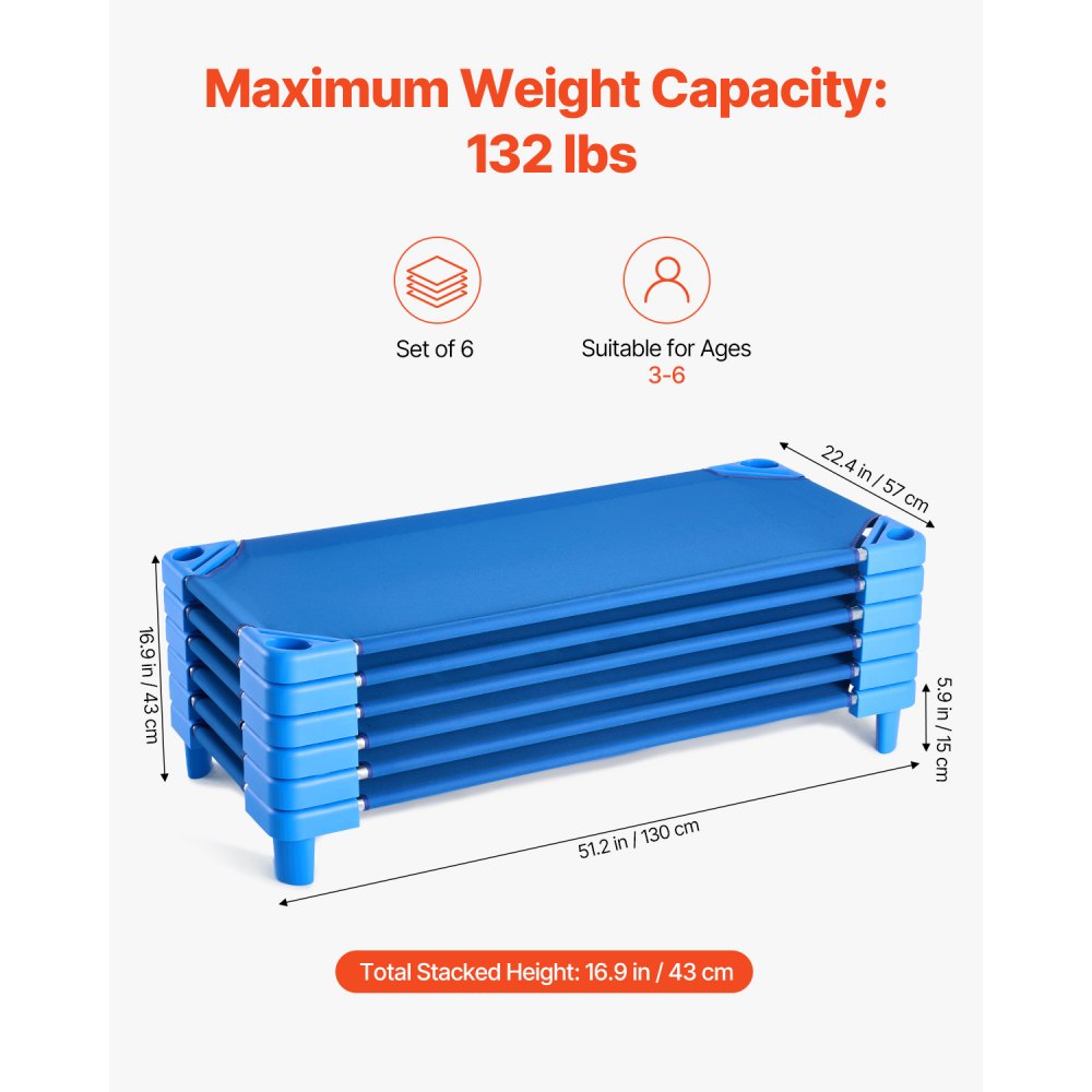 VEVOR Cuna Apilable para Niños 6 Piezas Cuna Portátil para Siesta de Niños 130x57 cm Cunas para Guardería para Niños Camas para Guardería en Aulas Preescolares para Dormir, Descansar, Siestas, Azul