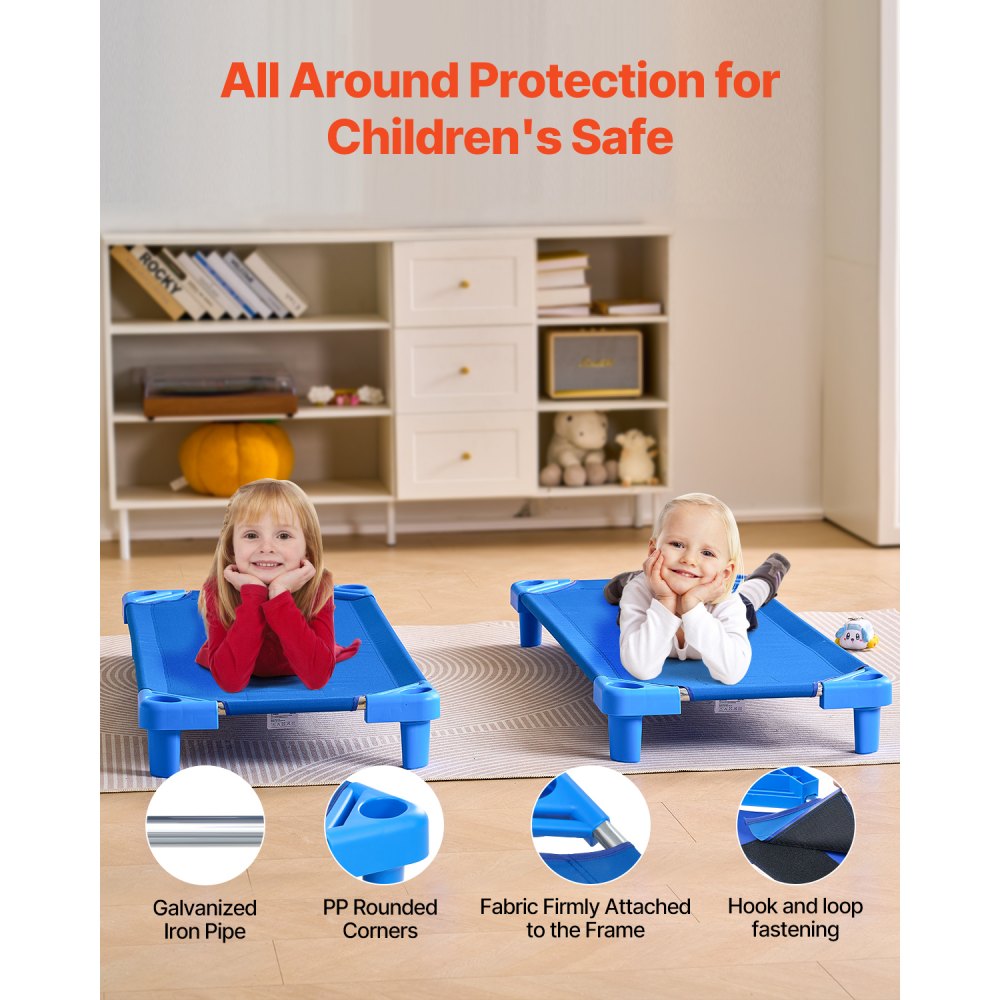 VEVOR Cuna Apilable para Niños 6 Piezas Cuna Portátil para Siesta de Niños 130x57 cm Cunas para Guardería para Niños Camas para Guardería en Aulas Preescolares para Dormir, Descansar, Siestas, Azul