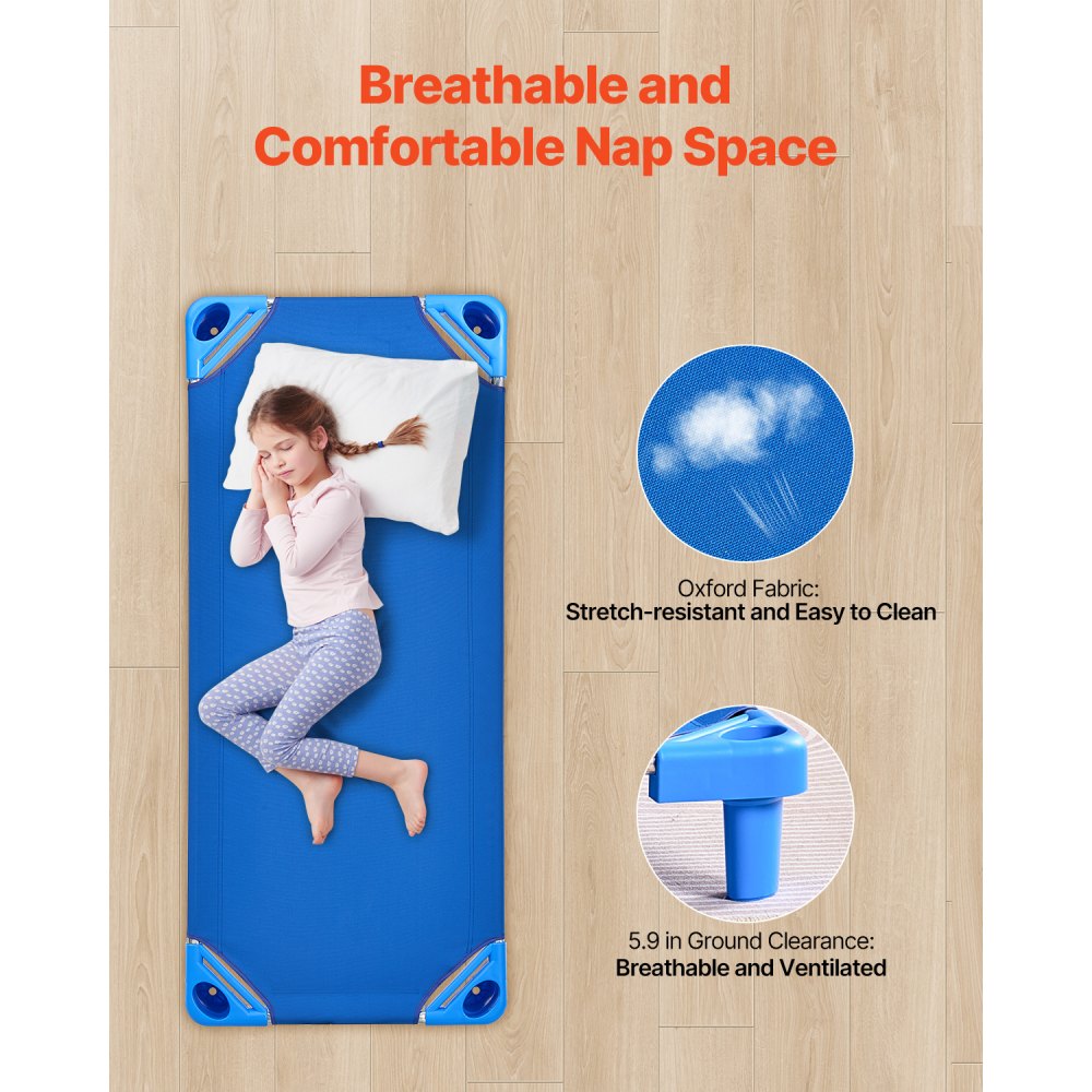 VEVOR Cuna Apilable para Niños 6 Piezas Cuna Portátil para Siesta de Niños 130x57 cm Cunas para Guardería para Niños Camas para Guardería en Aulas Preescolares para Dormir, Descansar, Siestas, Azul