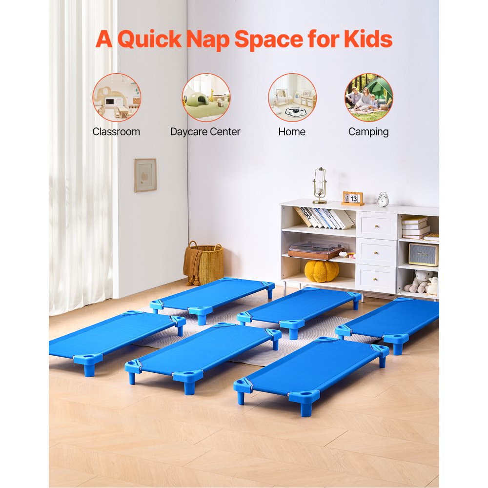 VEVOR Cuna Apilable para Niños 6 Piezas Cuna Portátil para Siesta de Niños 130x57 cm Cunas para Guardería para Niños Camas para Guardería en Aulas Preescolares para Dormir, Descansar, Siestas, Azul