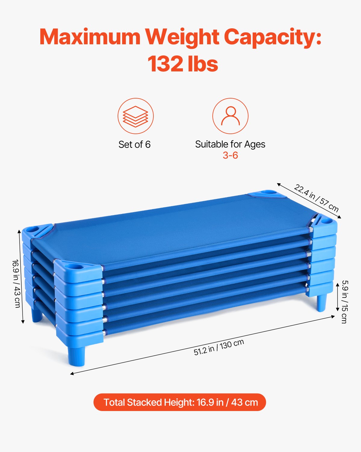 VEVOR Cuna Apilable para Niños 6 Piezas Cuna Portátil para Siesta de Niños 130x57 cm Cunas para Guardería para Niños Camas para Guardería en Aulas Preescolares para Dormir, Descansar, Siestas, Azul