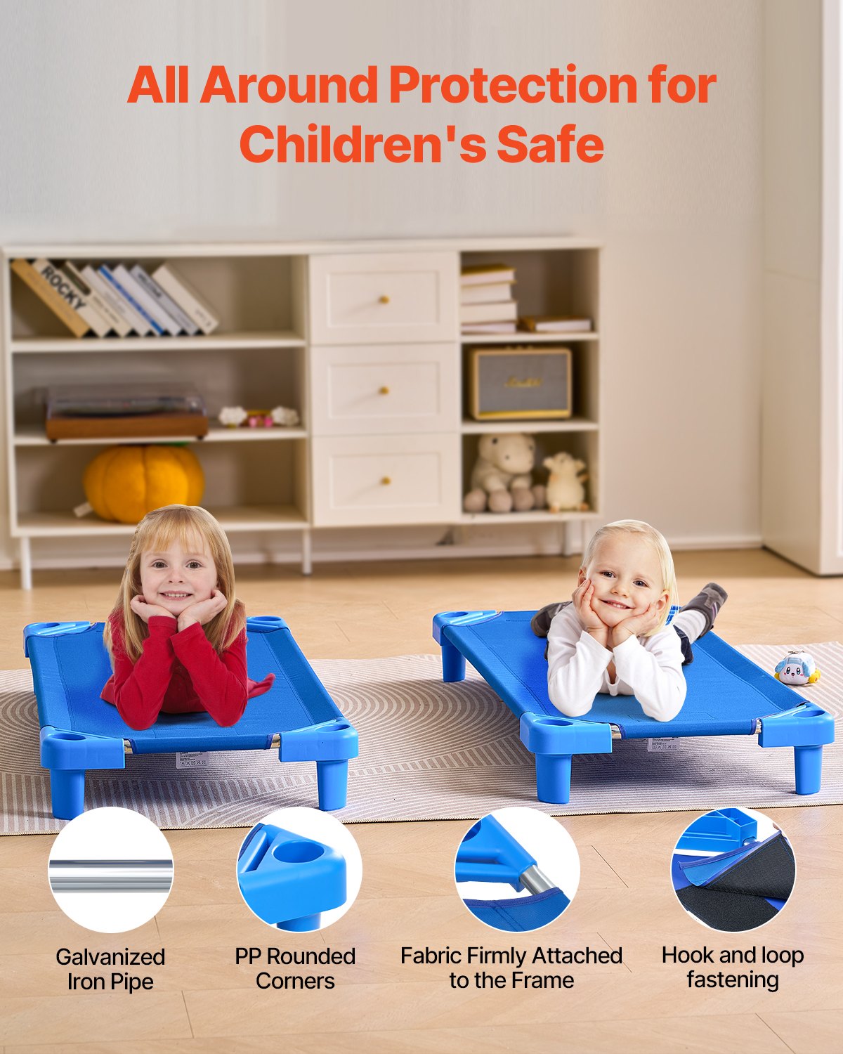 VEVOR Cuna Apilable para Niños 6 Piezas Cuna Portátil para Siesta de Niños 130x57 cm Cunas para Guardería para Niños Camas para Guardería en Aulas Preescolares para Dormir, Descansar, Siestas, Azul