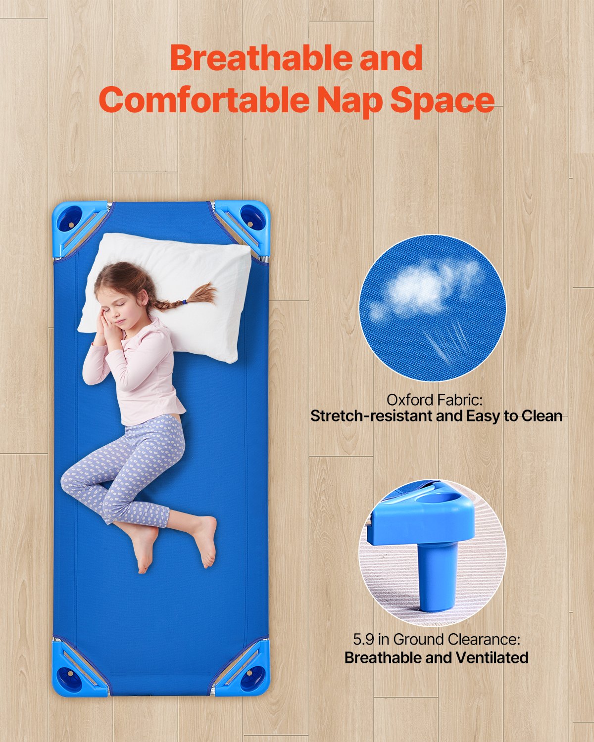 VEVOR Cuna Apilable para Niños 6 Piezas Cuna Portátil para Siesta de Niños 130x57 cm Cunas para Guardería para Niños Camas para Guardería en Aulas Preescolares para Dormir, Descansar, Siestas, Azul