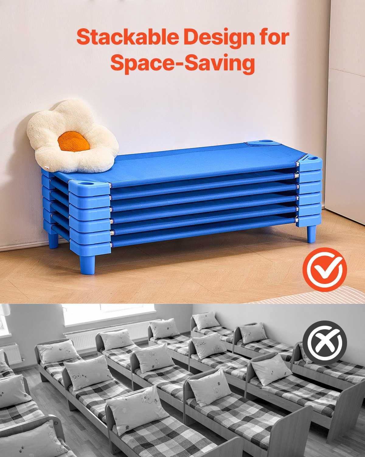 VEVOR Cuna Apilable para Niños 6 Piezas Cuna Portátil para Siesta de Niños 130x57 cm Cunas para Guardería para Niños Camas para Guardería en Aulas Preescolares para Dormir, Descansar, Siestas, Azul