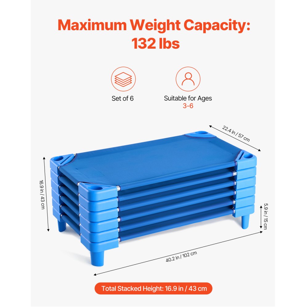 VEVOR Cuna Apilable para Niños 6 Piezas Cuna Portátil para Siesta de Niños 102x57 cm Cunas para Guardería para Niños Camas para Guardería en Aulas Preescolares para Dormir, Descansar, Siestas, Azul