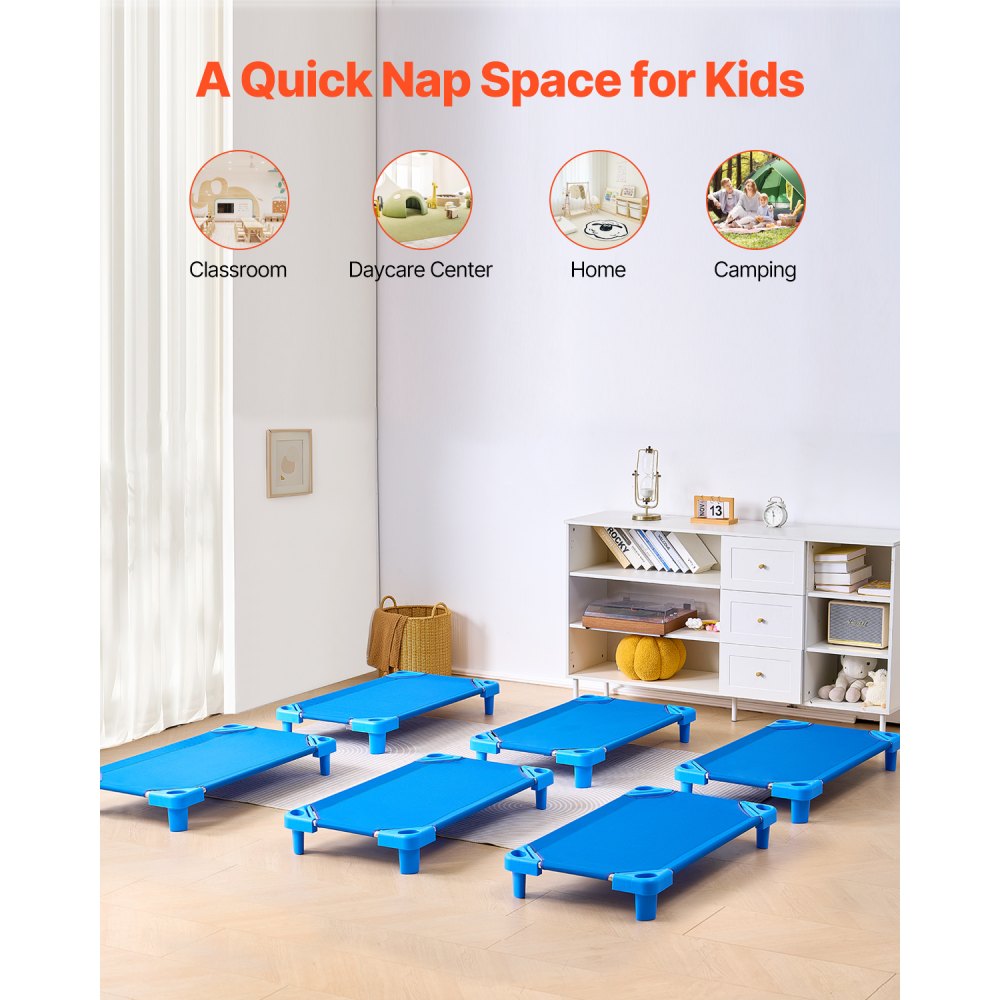 VEVOR Cuna Apilable para Niños 6 Piezas Cuna Portátil para Siesta de Niños 102x57 cm Cunas para Guardería para Niños Camas para Guardería en Aulas Preescolares para Dormir, Descansar, Siestas, Azul