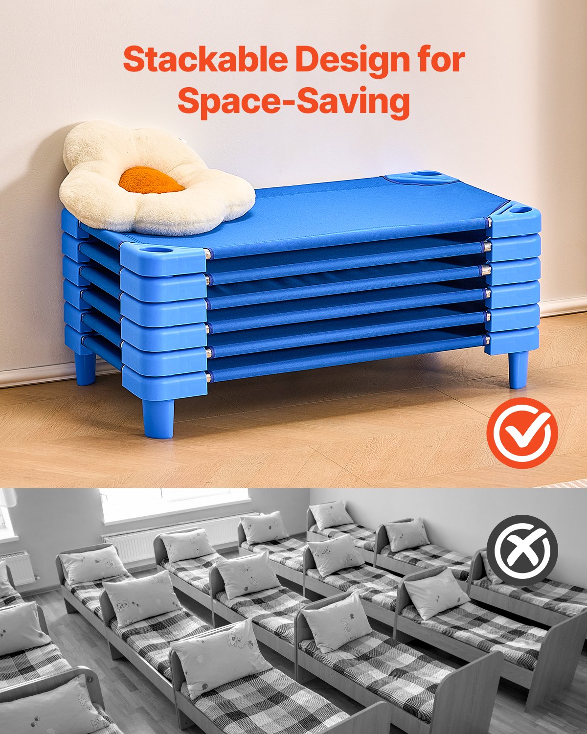 VEVOR Cuna Apilable para Niños 6 Piezas Cuna Portátil para Siesta de Niños 102x57 cm Cunas para Guardería para Niños Camas para Guardería en Aulas Preescolares para Dormir, Descansar, Siestas, Azul