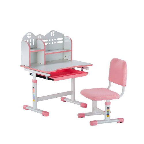 VEVOR Juego de Mesa y Silla de Estudio para Niños con Capacidad de Carga de 100 kg Ajuste de Altura del Escritorio de 53-71 cm con Estantería y Cajones para Dormitorio, Estudio, Escuela, Rosa