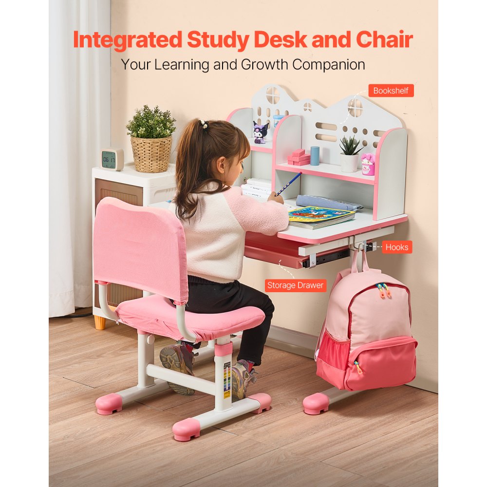 VEVOR Juego de Mesa y Silla de Estudio para Niños con Capacidad de Carga de 100 kg Ajuste de Altura del Escritorio de 53-71 cm con Estantería y Cajones para Dormitorio, Estudio, Escuela, Rosa