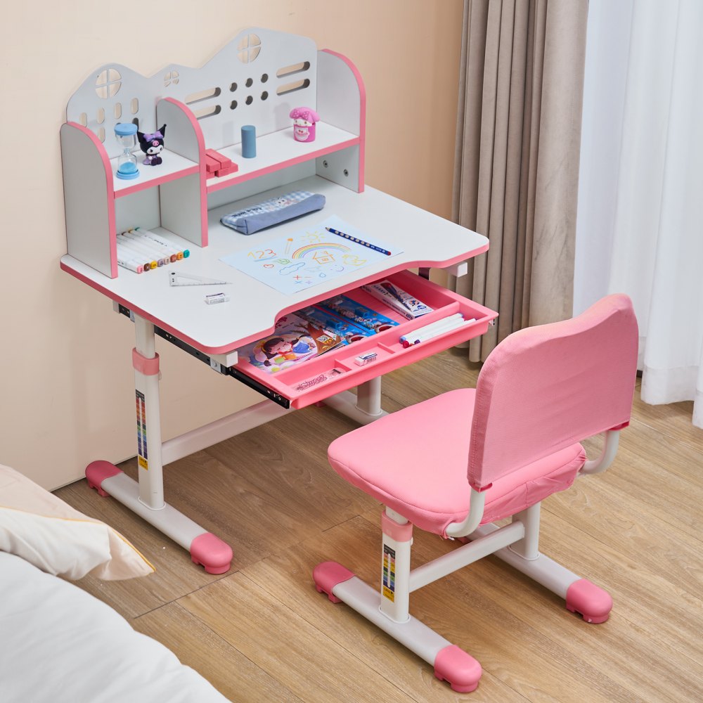 VEVOR Juego de Mesa y Silla de Estudio para Niños con Capacidad de Carga de 100 kg Ajuste de Altura del Escritorio de 53-71 cm con Estantería y Cajones para Dormitorio, Estudio, Escuela, Rosa