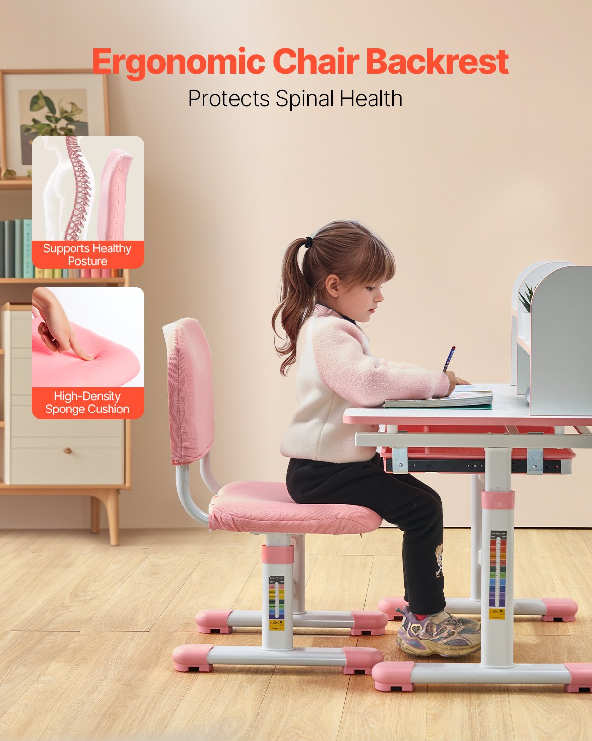 VEVOR Juego de Mesa y Silla de Estudio para Niños con Capacidad de Carga de 100 kg Ajuste de Altura del Escritorio de 53-71 cm con Estantería y Cajones para Dormitorio, Estudio, Escuela, Rosa