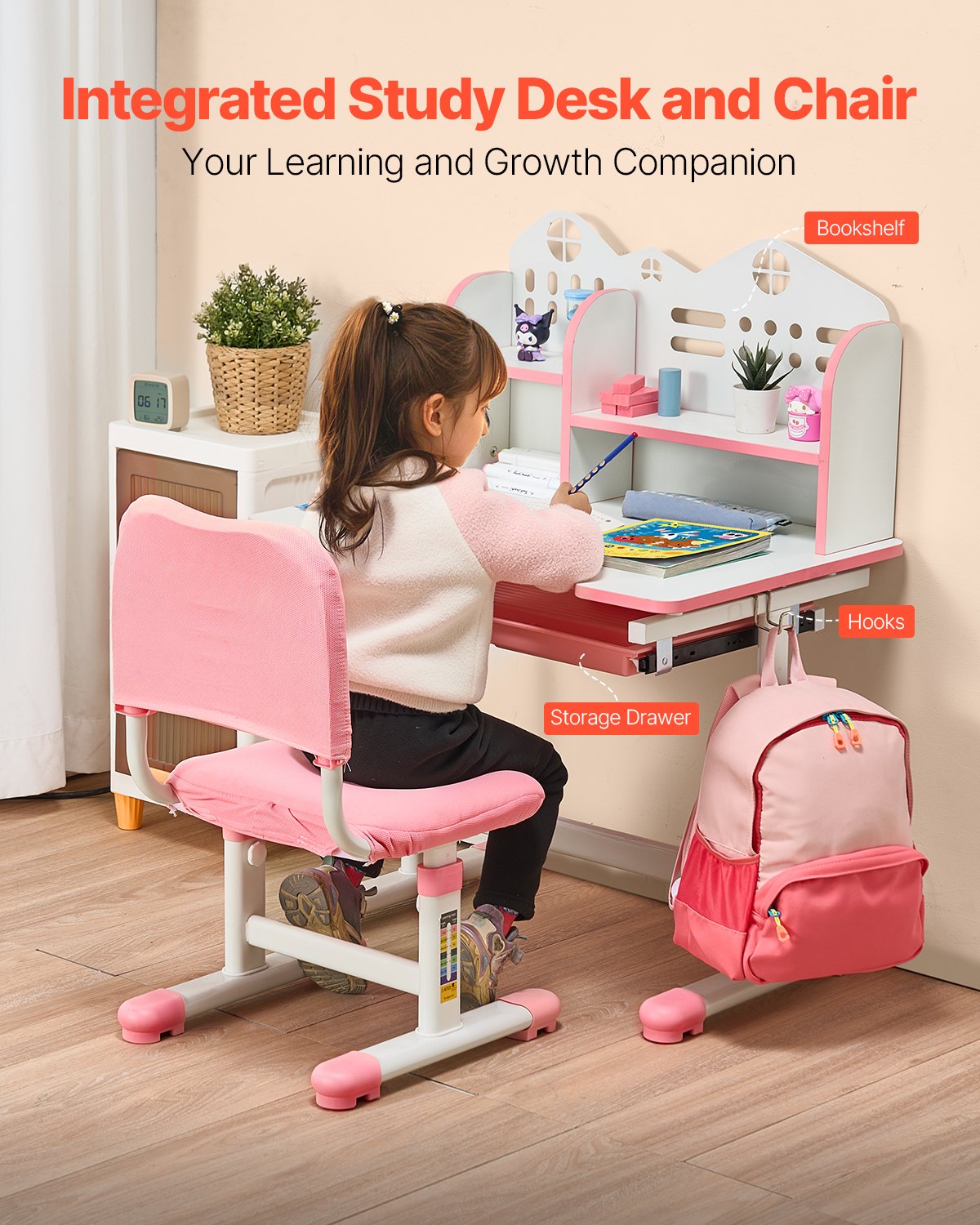 VEVOR Juego de Mesa y Silla de Estudio para Niños con Capacidad de Carga de 100 kg Ajuste de Altura del Escritorio de 53-71 cm con Estantería y Cajones para Dormitorio, Estudio, Escuela, Rosa
