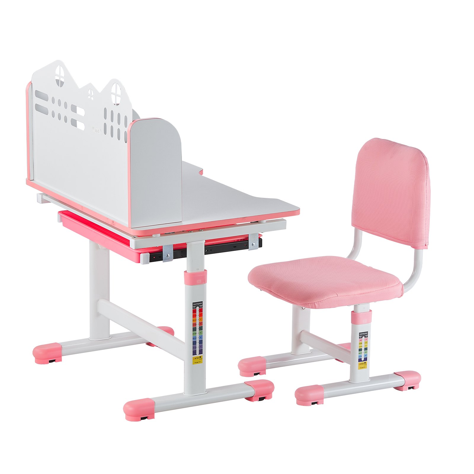 VEVOR Juego de Mesa y Silla de Estudio para Niños con Capacidad de Carga de 100 kg Ajuste de Altura del Escritorio de 53-71 cm con Estantería y Cajones para Dormitorio, Estudio, Escuela, Rosa