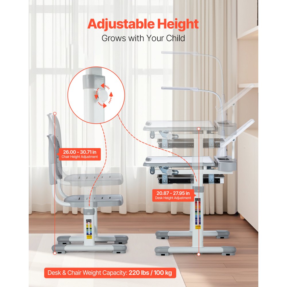 VEVOR Desk Set Children's Desk Work Table and Chair Height Adjustable (53-71 cm) Load Capacity (100 kg) with Table Lamp & 0-40° Tilting Desktop for Bedroom Gray