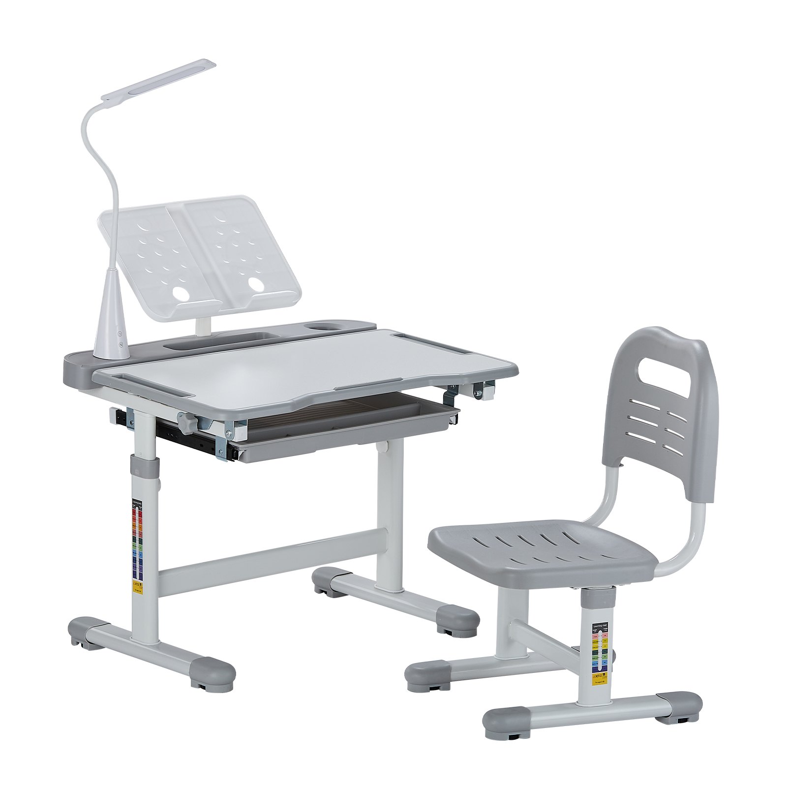 VEVOR Desk Set Children's Desk Work Table and Chair Height Adjustable (53-71 cm) Load Capacity (100 kg) with Table Lamp & 0-40° Tilting Desktop for Bedroom Gray