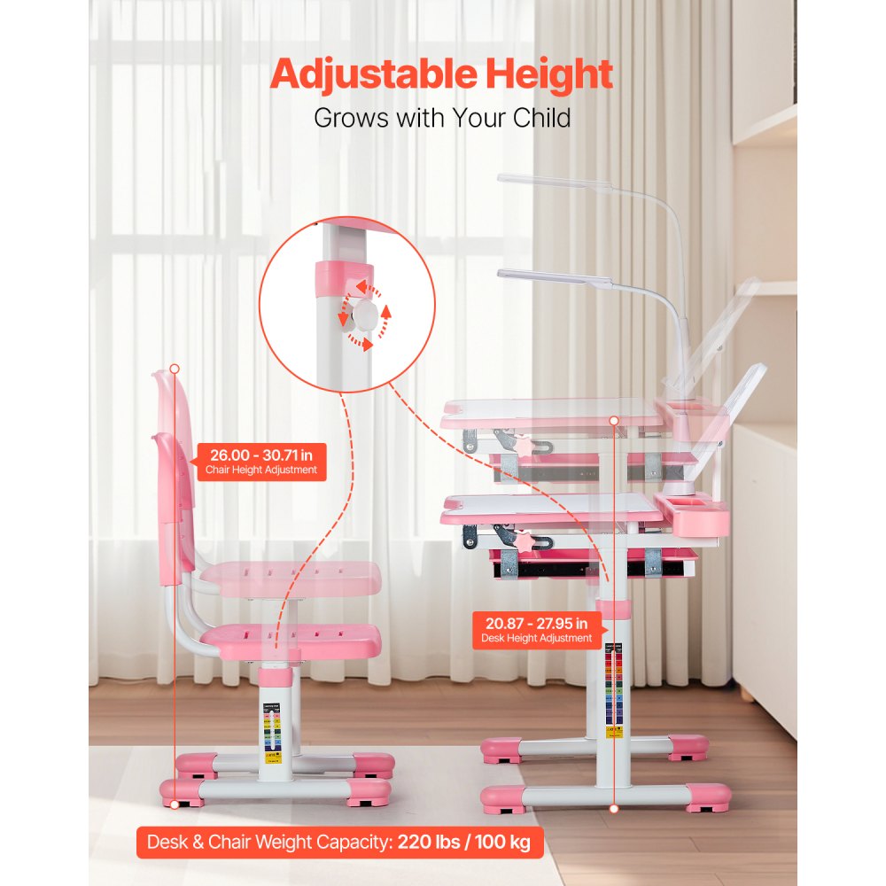 VEVOR Desk Set Children's Desk Work Table and Chair Height Adjustable (53-71 cm) Load Capacity (100 kg) with Table Lamp & 0-40° Tilting Desktop for Bedroom Pink
