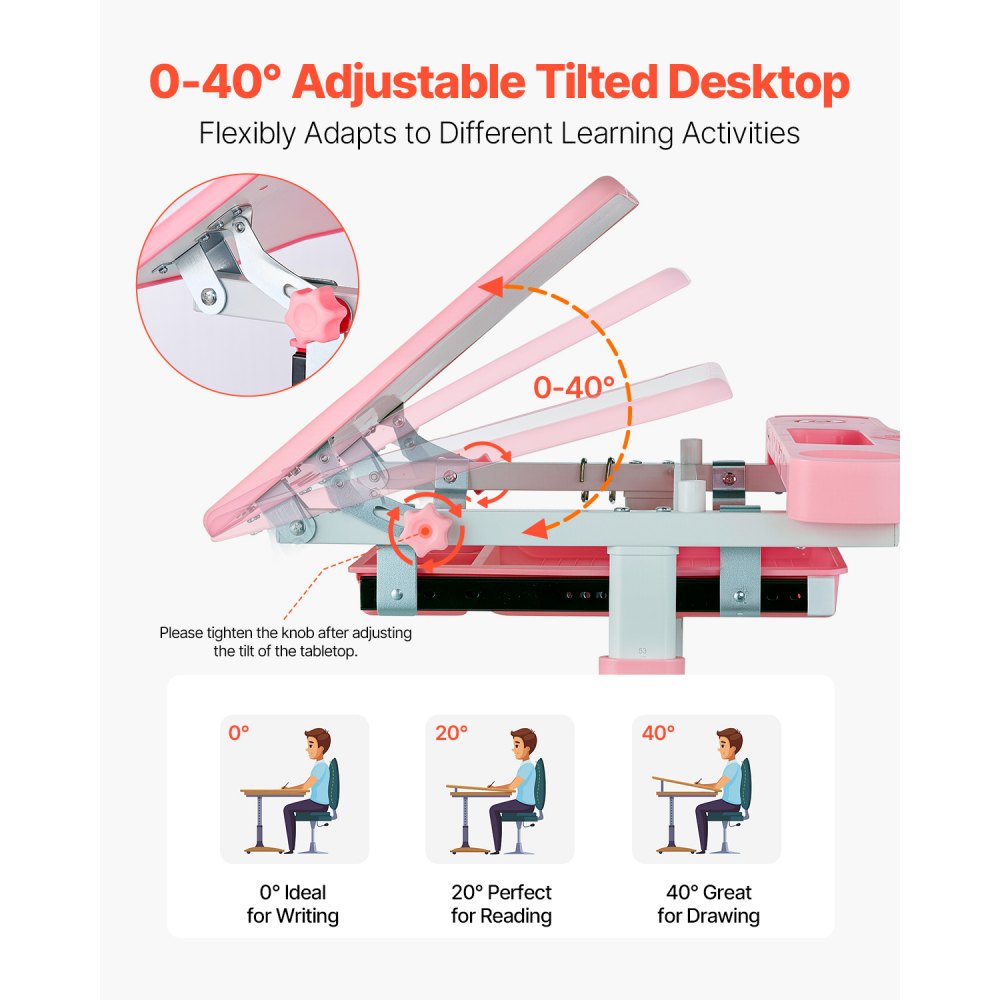 VEVOR Desk Set Children's Desk Work Table and Chair Height Adjustable (53-71 cm) Load Capacity (100 kg) with Table Lamp & 0-40° Tilting Desktop for Bedroom Pink