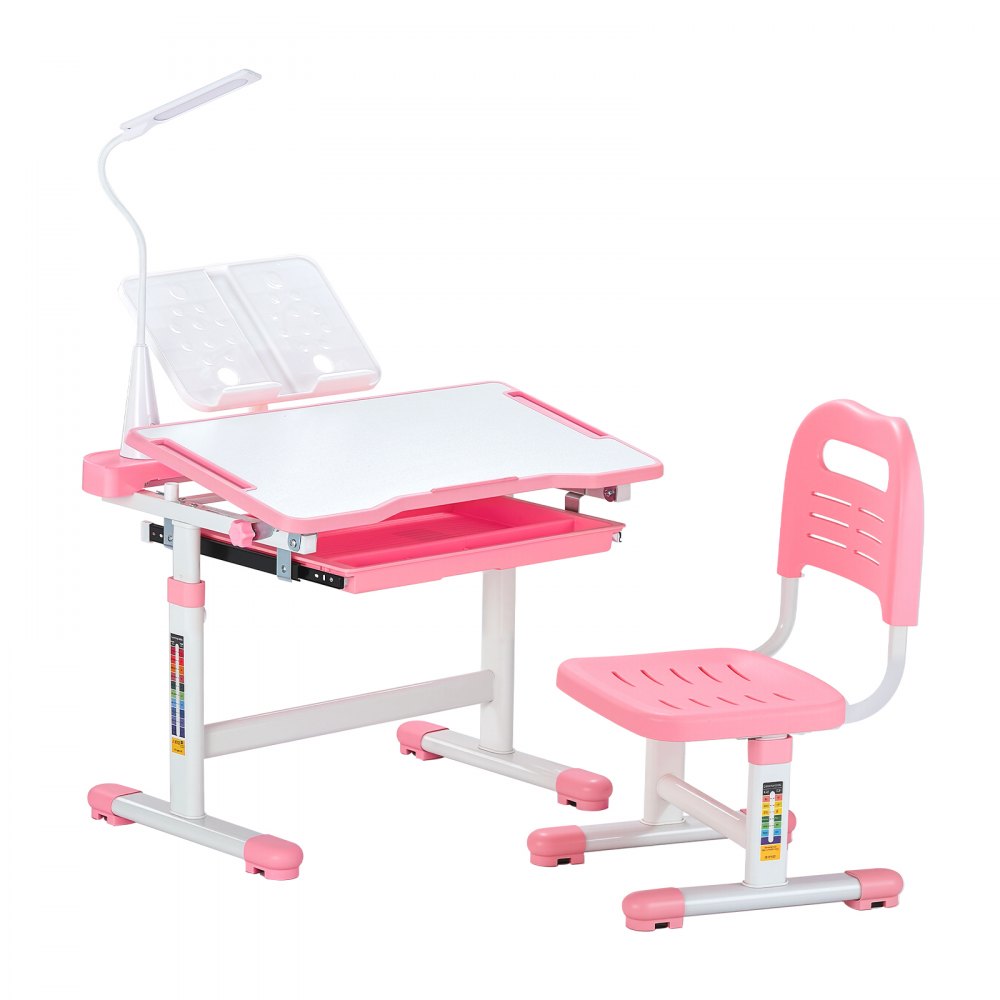 VEVOR Desk Set Children's Desk Work Table and Chair Height Adjustable (53-71 cm) Load Capacity (100 kg) with Table Lamp & 0-40° Tilting Desktop for Bedroom Pink