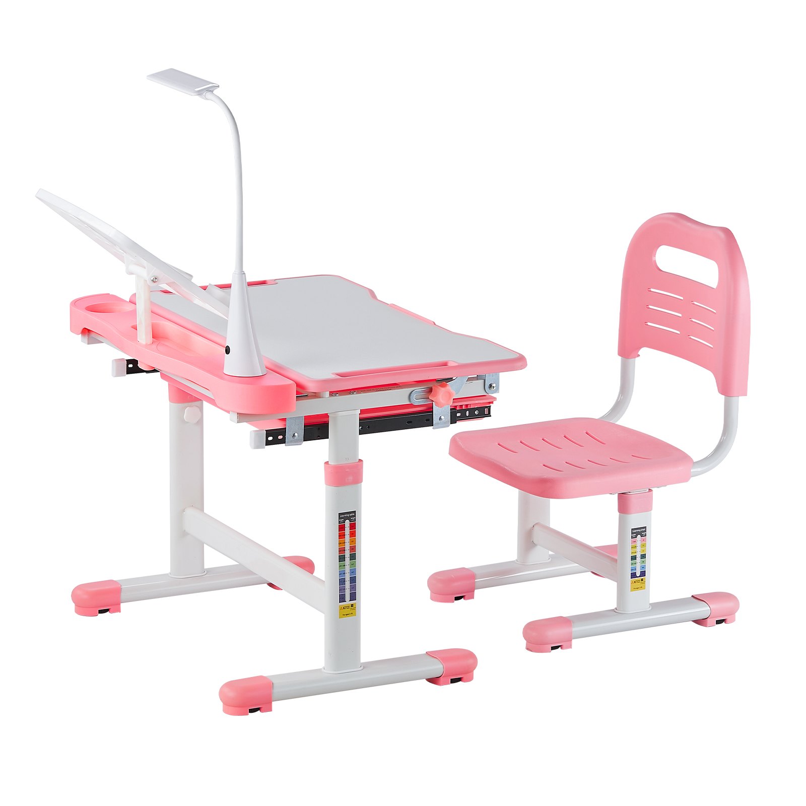 VEVOR Desk Set Children's Desk Work Table and Chair Height Adjustable (53-71 cm) Load Capacity (100 kg) with Table Lamp & 0-40° Tilting Desktop for Bedroom Pink