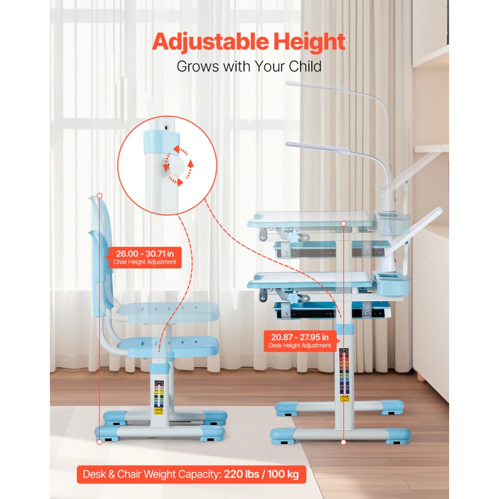 VEVOR Desk Set Children's Desk Work Table and Chair Height Adjustable (53-71 cm) Load Capacity (100 kg) with Table Lamp & 0-40° Tilting Desktop for Bedroom Blue