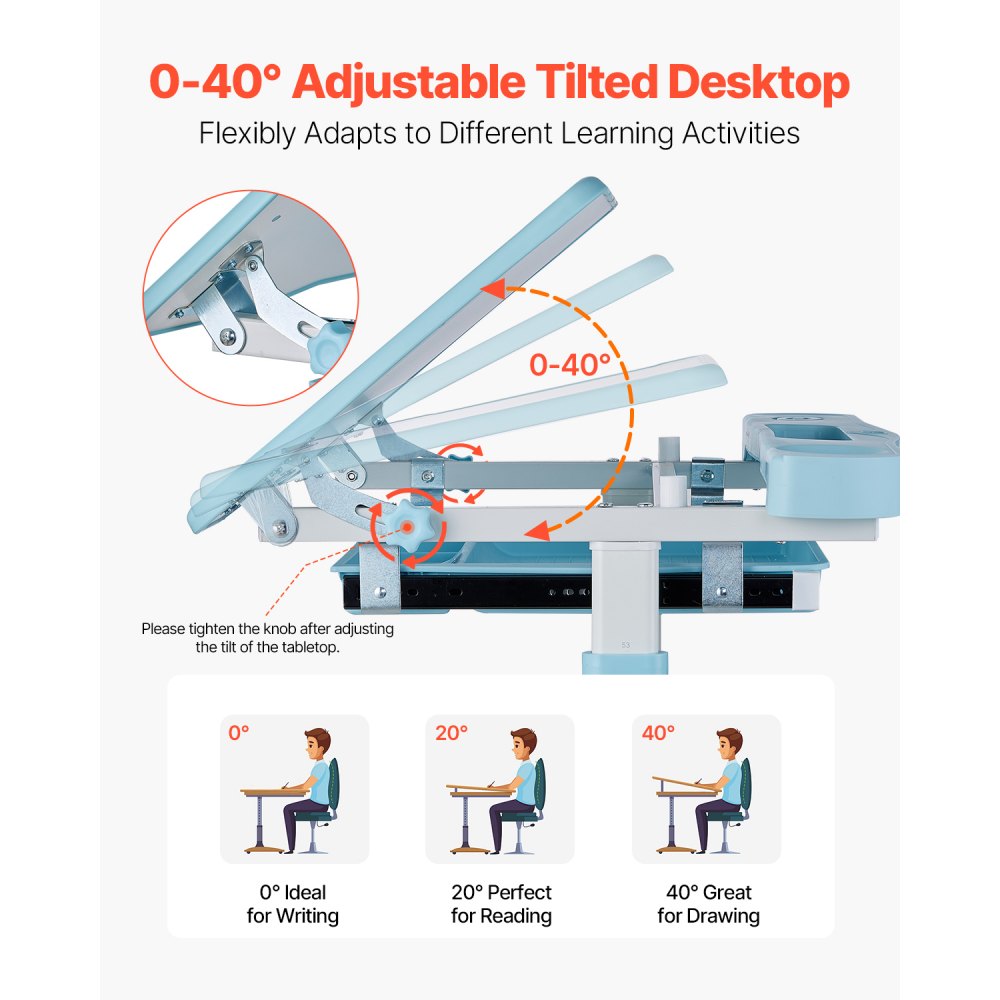 VEVOR Desk Set Children's Desk Work Table and Chair Height Adjustable (53-71 cm) Load Capacity (100 kg) with Table Lamp & 0-40° Tilting Desktop for Bedroom Blue