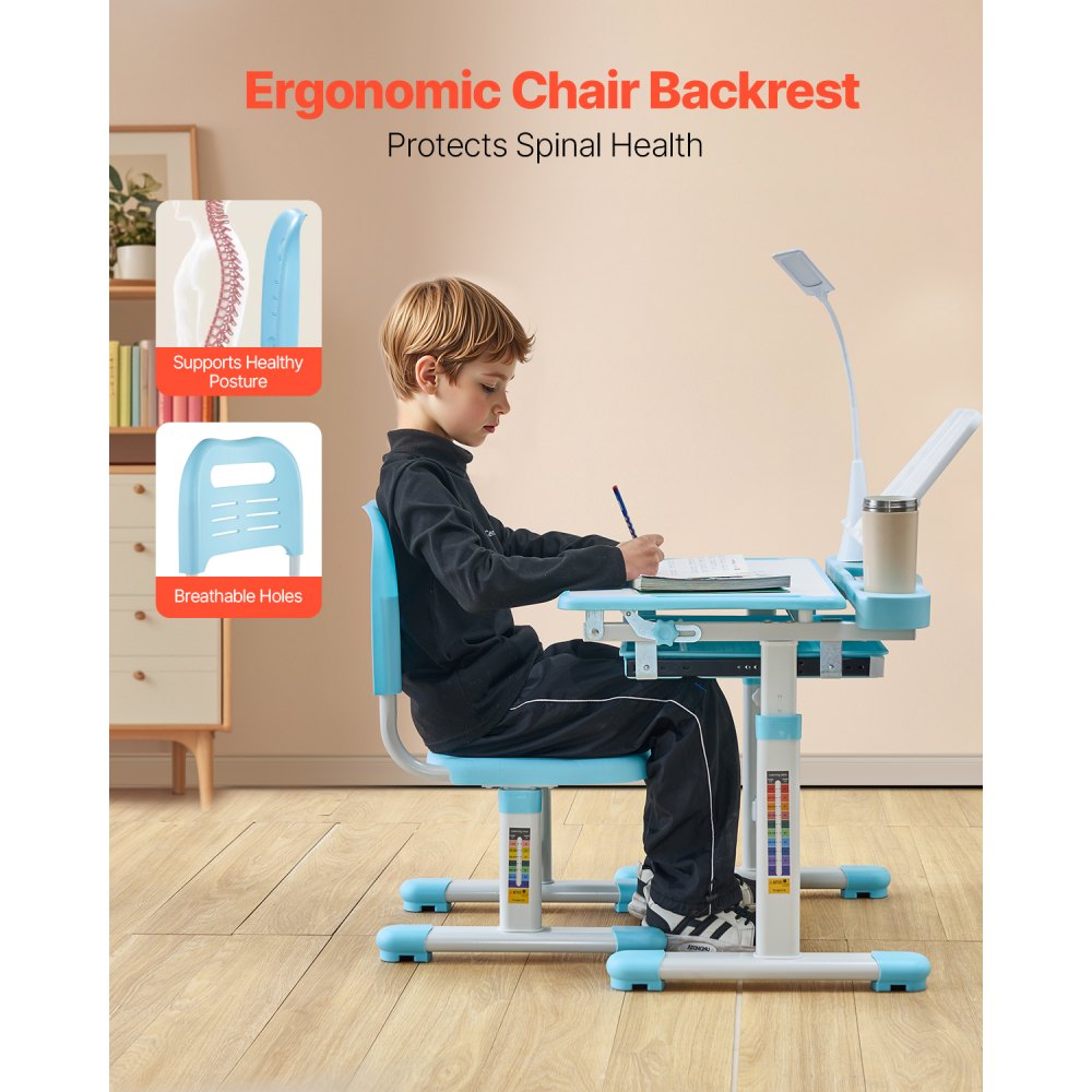 VEVOR Juego de Mesa y Silla de Estudio para Niños, Capacidad de Carga de 100 kg Ajuste de Altura del Escritorio de 53-71 cm con Lámpara de Mesa y Tablero Inclinado de 0-40° para Dormitorio, Azul