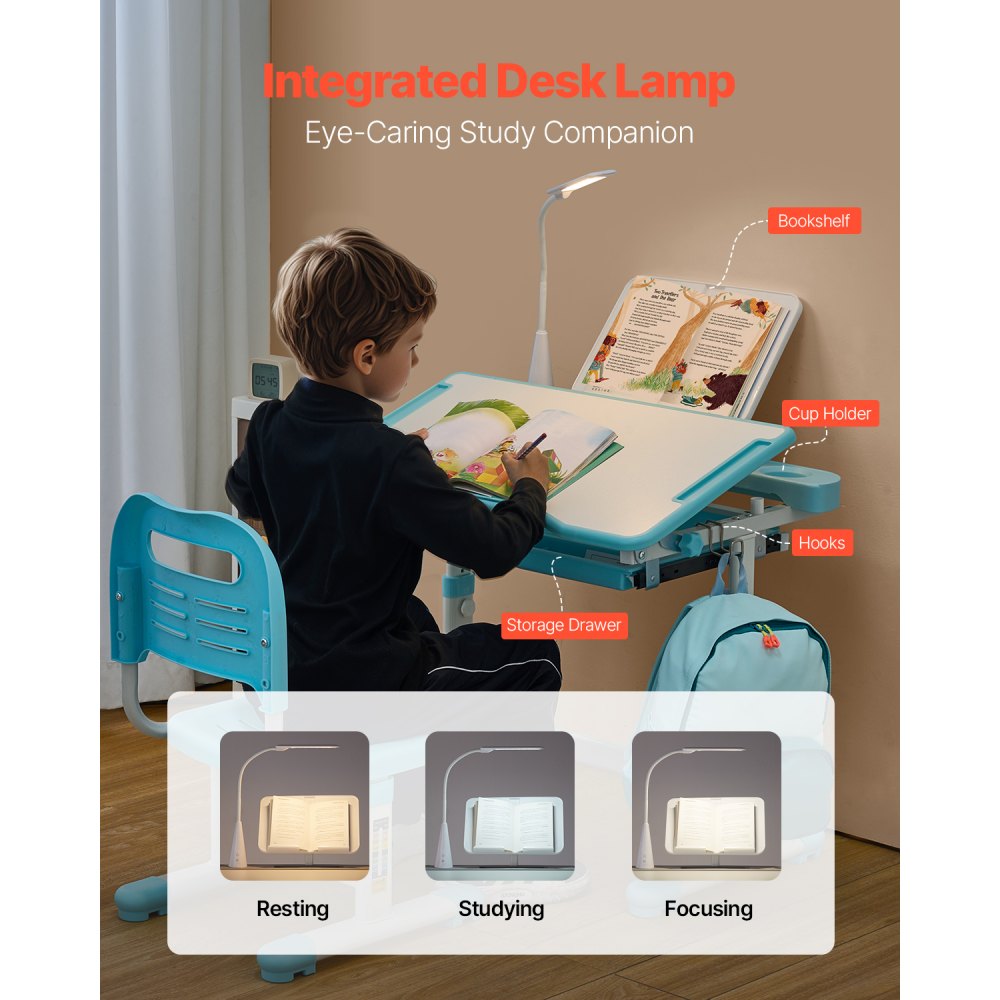 VEVOR Juego de Mesa y Silla de Estudio para Niños, Capacidad de Carga de 100 kg Ajuste de Altura del Escritorio de 53-71 cm con Lámpara de Mesa y Tablero Inclinado de 0-40° para Dormitorio, Azul