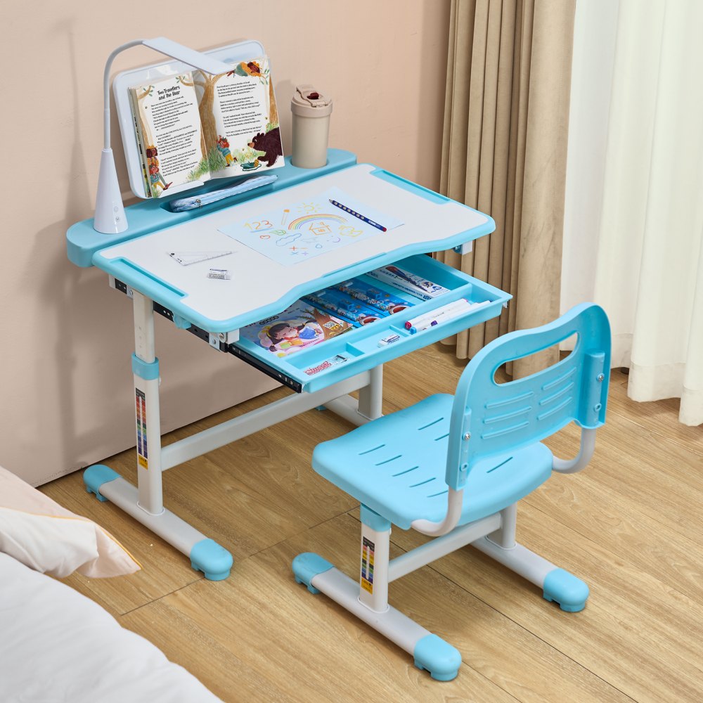VEVOR Juego de Mesa y Silla de Estudio para Niños, Capacidad de Carga de 100 kg Ajuste de Altura del Escritorio de 53-71 cm con Lámpara de Mesa y Tablero Inclinado de 0-40° para Dormitorio, Azul