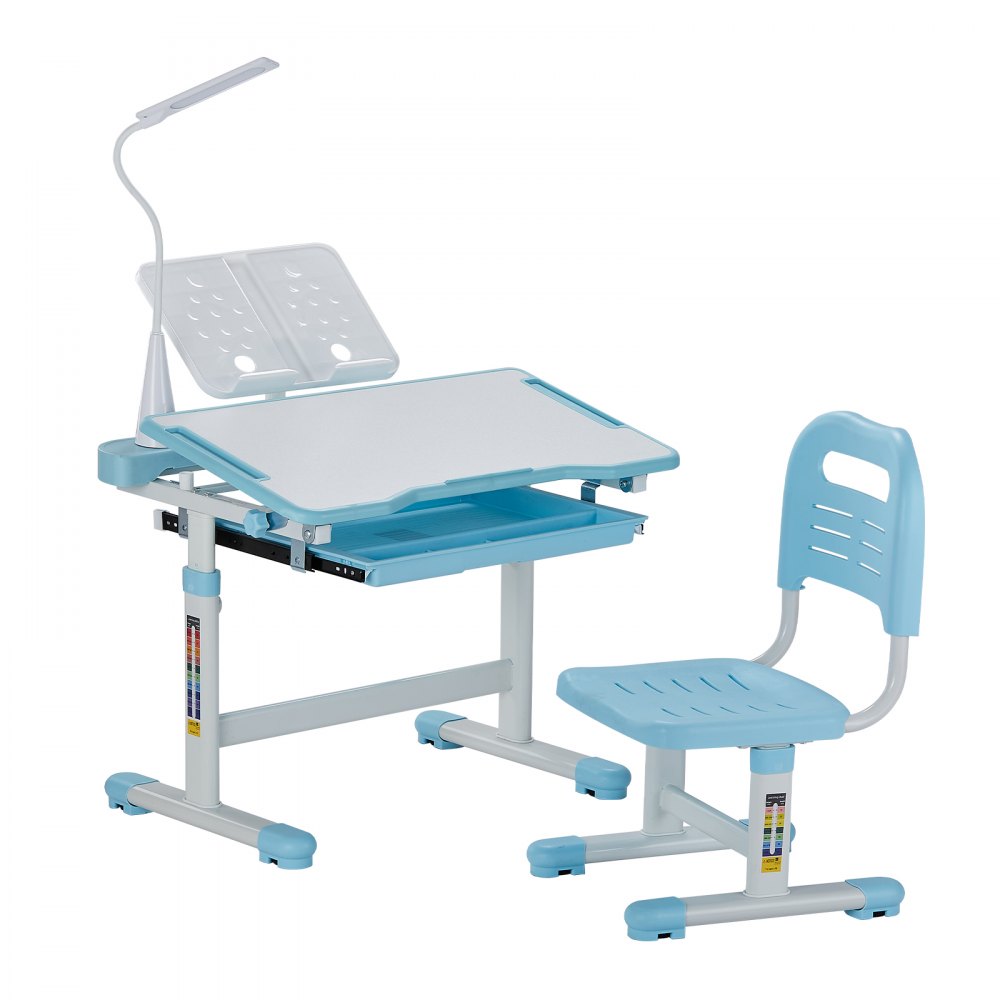 VEVOR Juego de Mesa y Silla de Estudio para Niños, Capacidad de Carga de 100 kg Ajuste de Altura del Escritorio de 53-71 cm con Lámpara de Mesa y Tablero Inclinado de 0-40° para Dormitorio, Azul