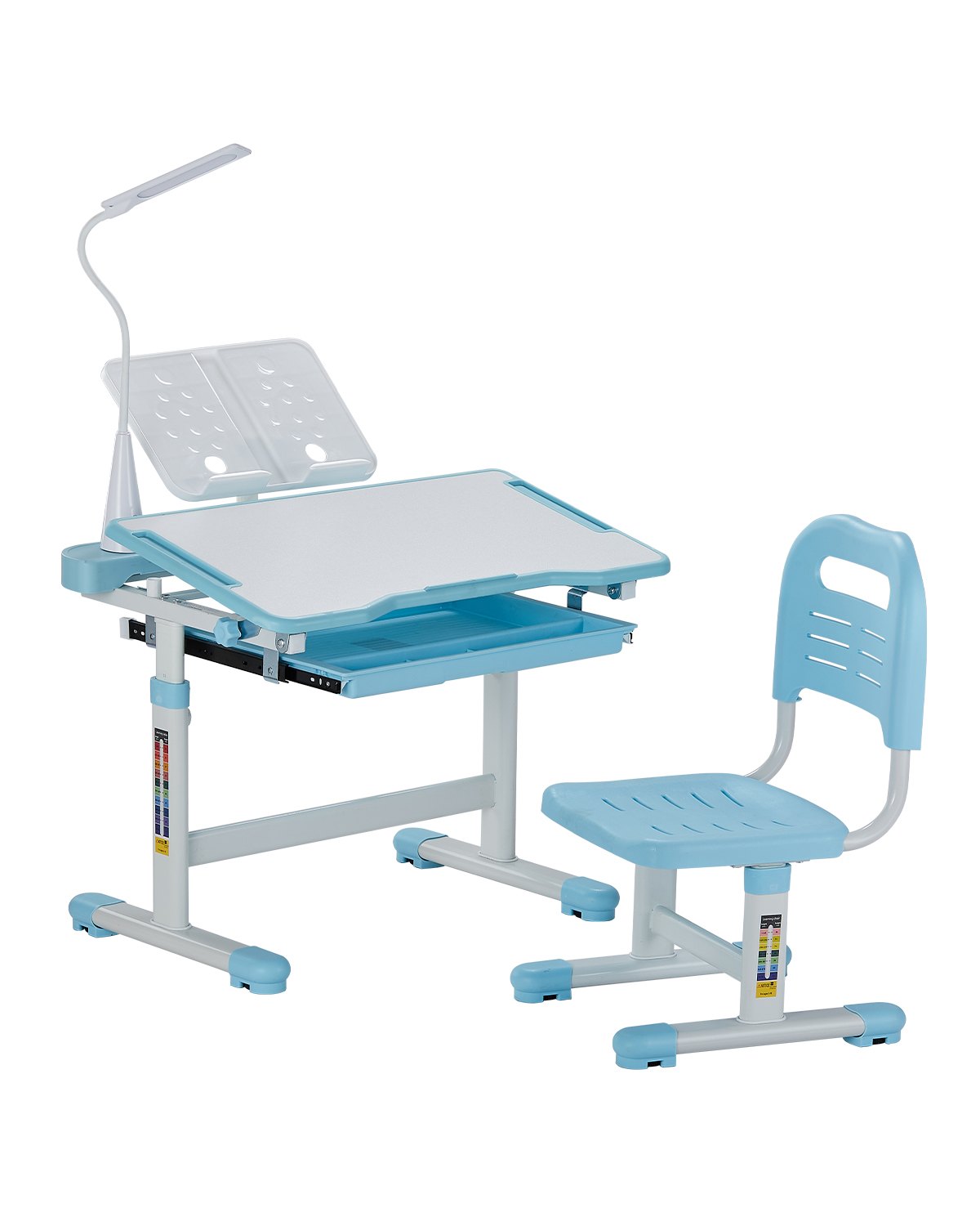 VEVOR Juego de Mesa y Silla de Estudio para Niños, Capacidad de Carga de 100 kg Ajuste de Altura del Escritorio de 53-71 cm con Lámpara de Mesa y Tablero Inclinado de 0-40° para Dormitorio, Azul