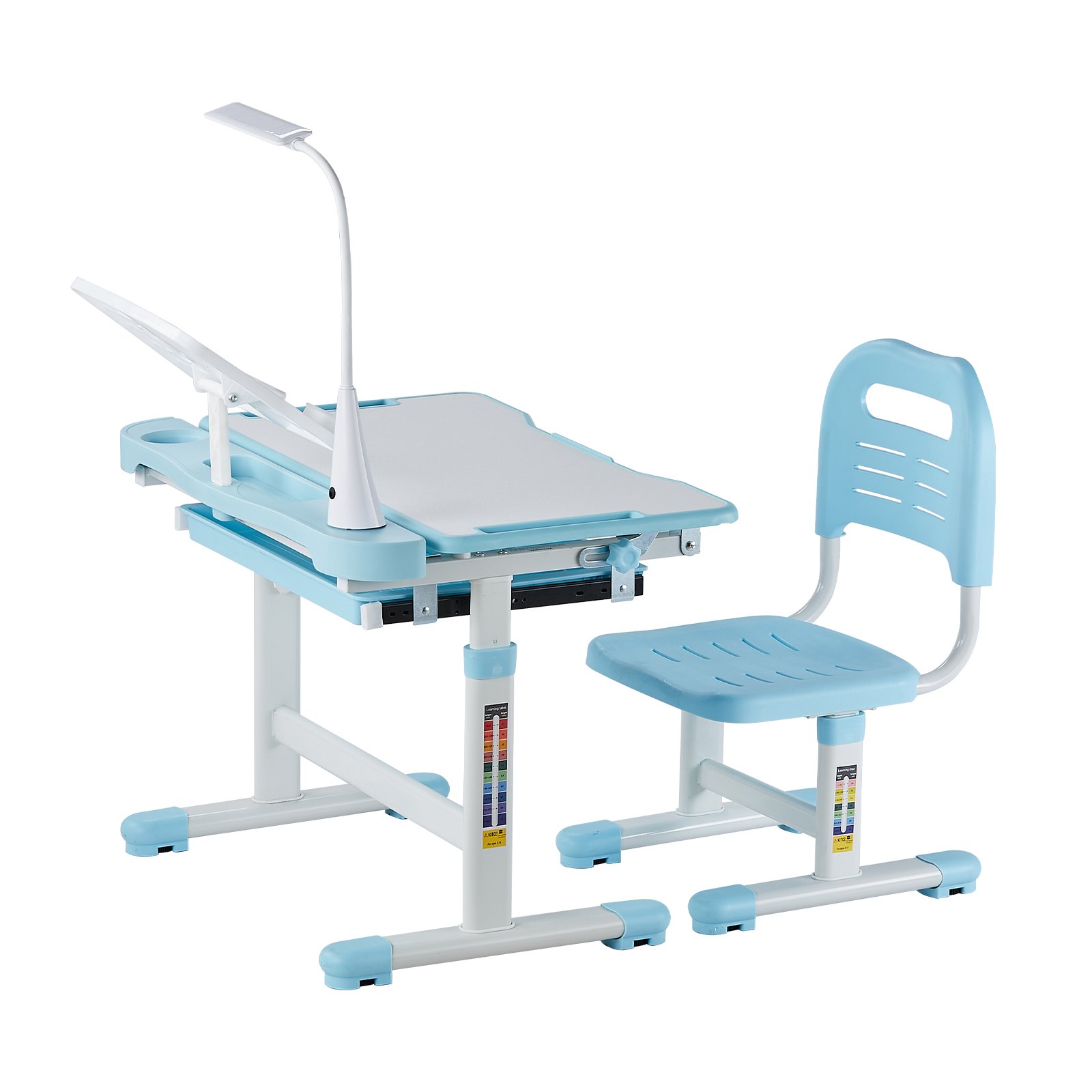VEVOR Juego de Mesa y Silla de Estudio para Niños, Capacidad de Carga de 100 kg Ajuste de Altura del Escritorio de 53-71 cm con Lámpara de Mesa y Tablero Inclinado de 0-40° para Dormitorio, Azul