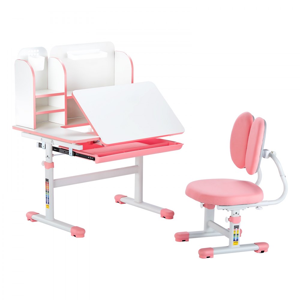 VEVOR Desk Set, Children's Desk, Work Table and Chair, Height Adjustable (54-73 cm), Load Capacity (100 kg), 0-40° Tiltable Table with Bookshelf for Bedroom/Study, Pink