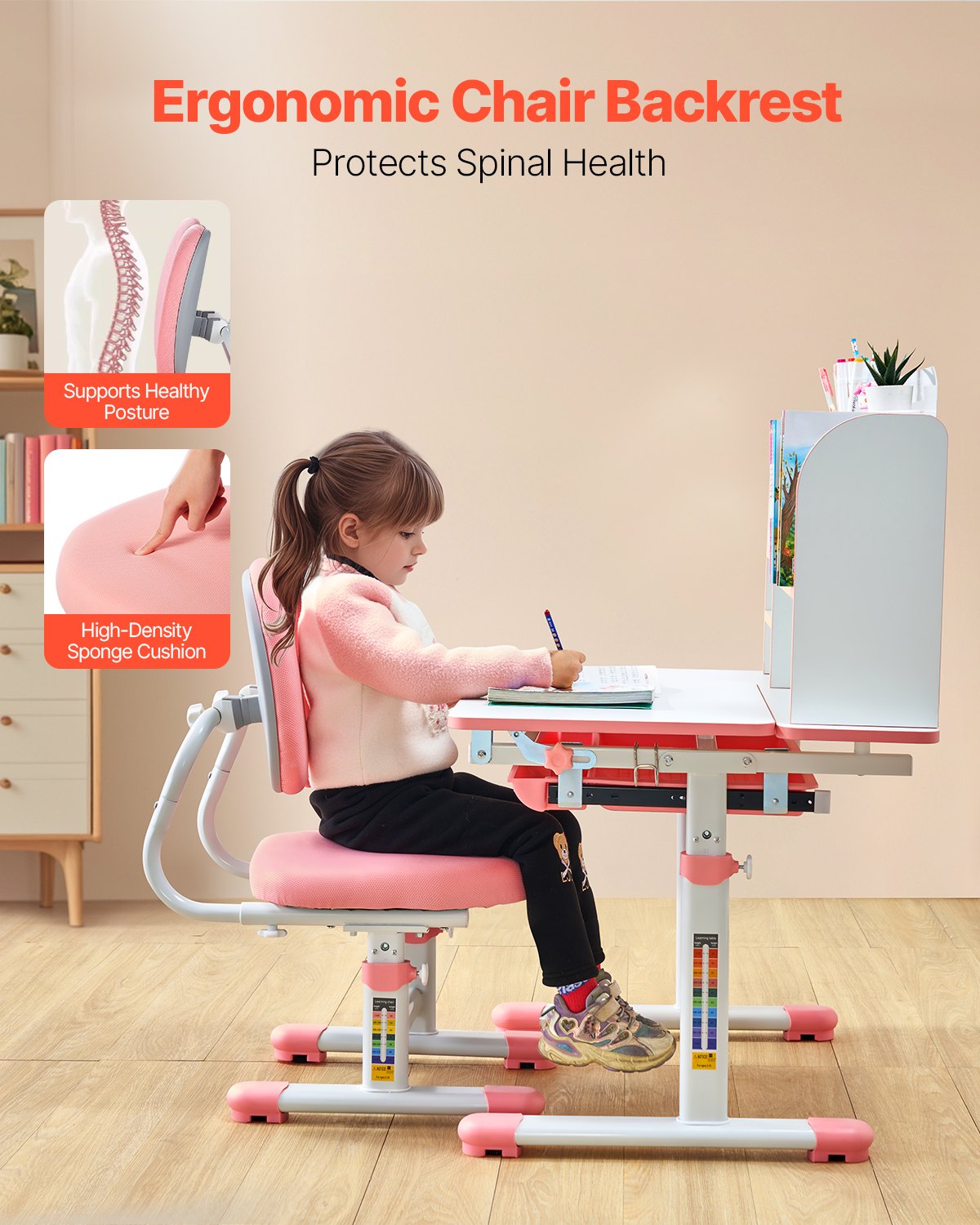 VEVOR Desk Set, Children's Desk, Work Table and Chair, Height Adjustable (54-73 cm), Load Capacity (100 kg), 0-40° Tiltable Table with Bookshelf for Bedroom/Study, Pink