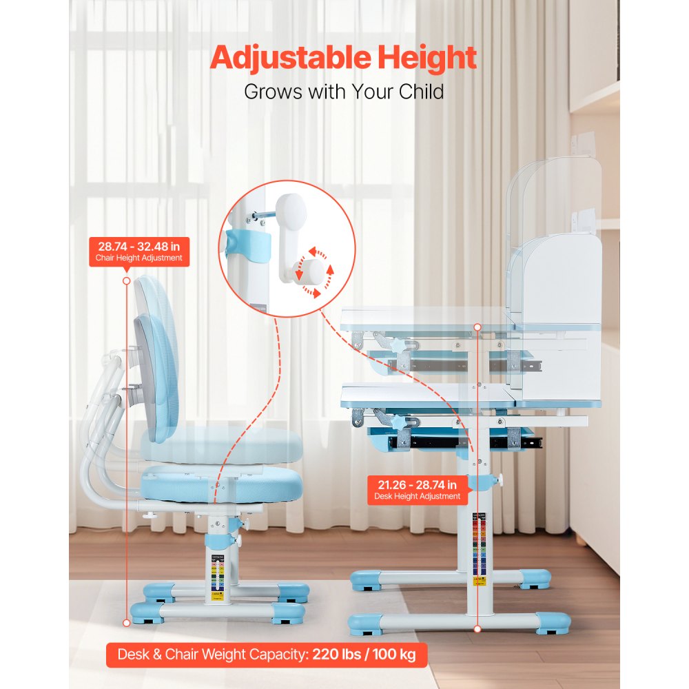 VEVOR Juego de Mesa y Silla de Estudio para Niños Capacidad de Carga de 100 kg, Ajuste de Altura del Escritorio de 54-73 cm, Mesa Inclinable 0-40° con estantería para Dormitorio, Estudio, Azul
