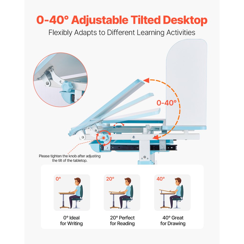 VEVOR Juego de Mesa y Silla de Estudio para Niños Capacidad de Carga de 100 kg, Ajuste de Altura del Escritorio de 54-73 cm, Mesa Inclinable 0-40° con estantería para Dormitorio, Estudio, Azul