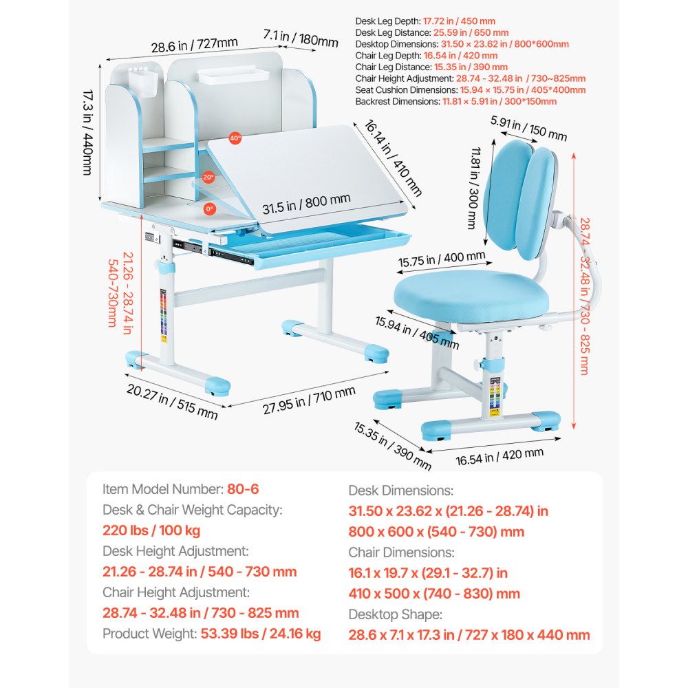 VEVOR Juego de Mesa y Silla de Estudio para Niños Capacidad de Carga de 100 kg, Ajuste de Altura del Escritorio de 54-73 cm, Mesa Inclinable 0-40° con estantería para Dormitorio, Estudio, Azul