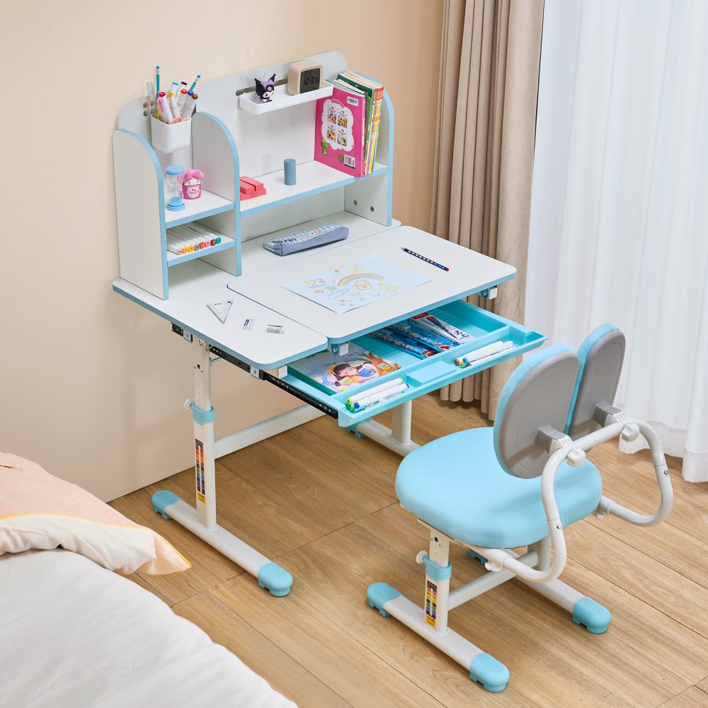 VEVOR Juego de Mesa y Silla de Estudio para Niños Capacidad de Carga de 100 kg, Ajuste de Altura del Escritorio de 54-73 cm, Mesa Inclinable 0-40° con estantería para Dormitorio, Estudio, Azul