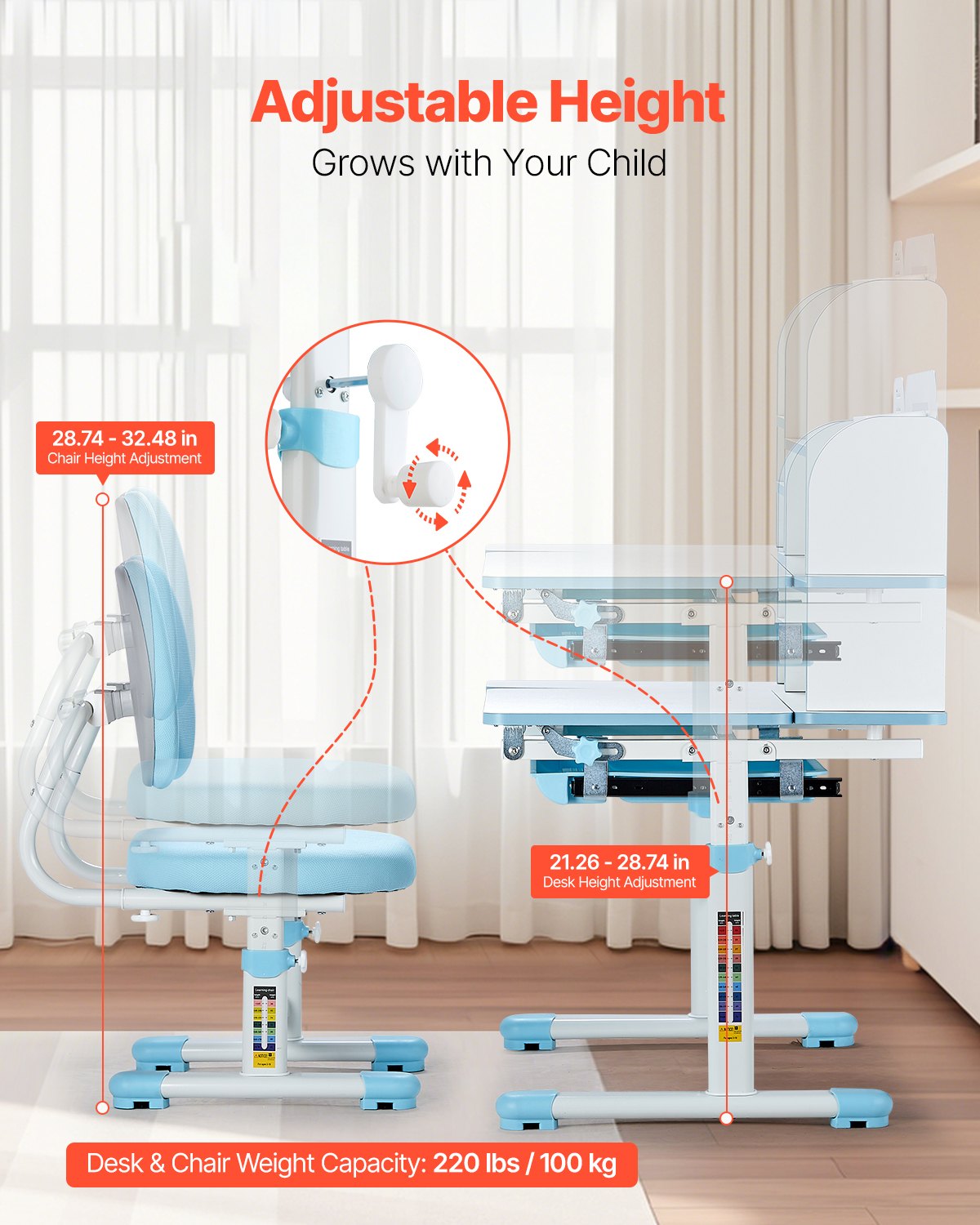 VEVOR Juego de Mesa y Silla de Estudio para Niños Capacidad de Carga de 100 kg, Ajuste de Altura del Escritorio de 54-73 cm, Mesa Inclinable 0-40° con estantería para Dormitorio, Estudio, Azul