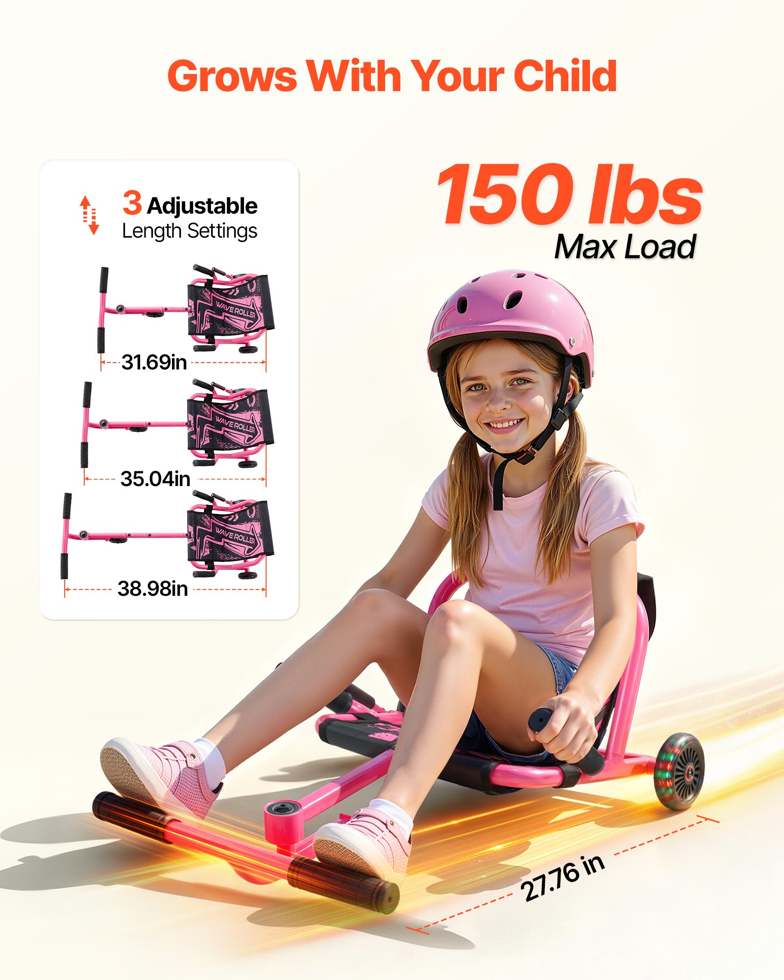 VEVOR Kart para Niños Ajustable 68 kg con Palanca de Freno, Ruedas LED de PU para Niños de 4 Años en Adelante, Patinete Infantil con 3 Longitudes Ajustables, Cuadro de Acero y Movimiento por Balanceo