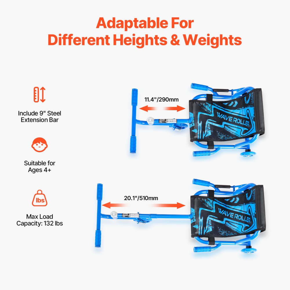 VEVOR Kart para Niños 60 kg, Patinete Infantil Ajustable 96-119 cm con LED, con Movimiento en Zigzag, Cuadro de Acero, Asiento Oxford 400D y Freno de Mano para Mayores de 4 Años, Interior y Exterior