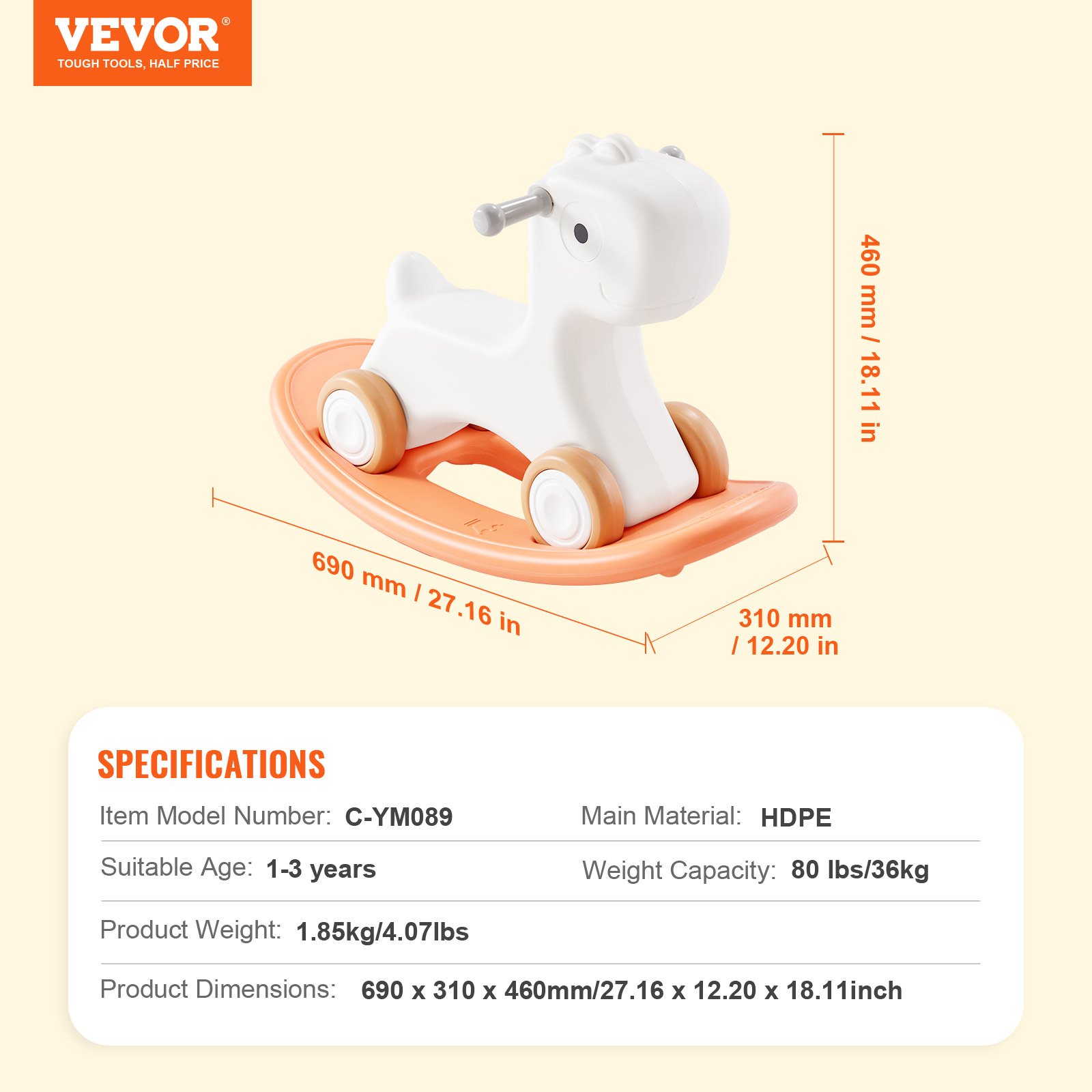 VEVOR Caballo Balancín 3 en 1 para Niños de 1 a 3 Años, Caballo Balancín para Bebé con Tabla de Equilibrio Desmontable y 4 Ruedas Lisas, Soporta hasta 36 kg de Material HDPE, Balanceo de 40°, Rojo