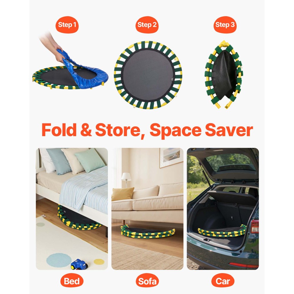 VEVOR Trampolín para Niños Plegable Cama Elástica Interior Exterior 92 cm para Niños Pequeños con Mango de Espuma Ejercicios de Trampolín Recreativos Regalo de Cumpleaños para Niños Más de 3 Años